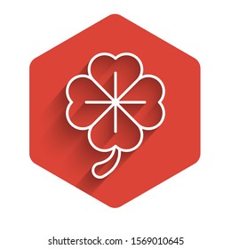 White line Four leaf clover icon isolated with long shadow. Happy Saint Patrick day. Red hexagon button. Vector Illustration