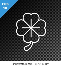 White line Four leaf clover icon isolated on transparent dark background. Happy Saint Patrick day.  Vector Illustration