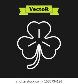 White line Four leaf clover icon isolated on black background. Happy Saint Patrick day.  Vector Illustration
