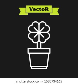 White line Four leaf clover in pot icon isolated on black background. Happy Saint Patrick day.  Vector Illustration