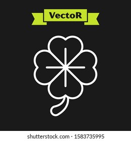 White line Four leaf clover icon isolated on black background. Happy Saint Patrick day.  Vector Illustration