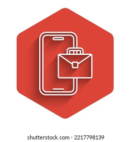White line Freelancer icon isolated with long shadow. Freelancer man working on laptop at his house. Online working, distant job concept. Red hexagon button. Vector