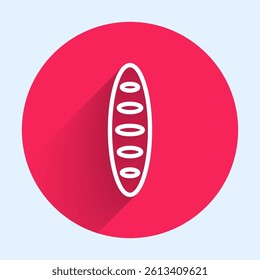 White line French baguette bread icon isolated with long shadow background. Red circle button. Vector