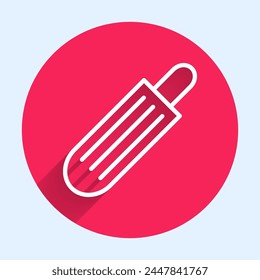 White line French hot dog icon isolated with long shadow. Sausage icon. Fast food sign. Red circle button. Vector Illustration