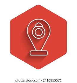 White line Front facade building jewelry store icon isolated with long shadow background. Red hexagon button. Vector