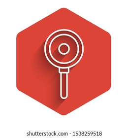 White line Frying pan icon isolated with long shadow. Fry or roast food symbol. Red hexagon button. Vector Illustration