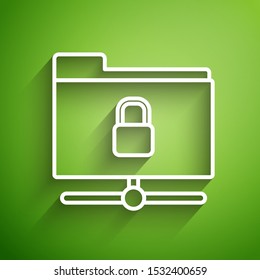 White line FTP folder and lock icon isolated on green background. Concept of software update. Security, safety, protection concept.  Vector Illustration
