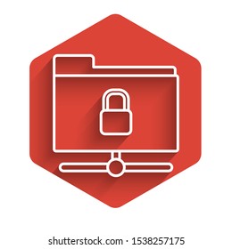 White line FTP folder and lock icon isolated with long shadow. Concept of software update. Security, safety, protection concept. Red hexagon button. Vector Illustration