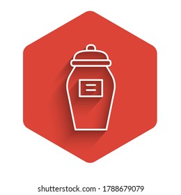 White line Funeral urn icon isolated with long shadow. Cremation and burial containers, columbarium vases, jars and pots with ashes. Red hexagon button. Vector