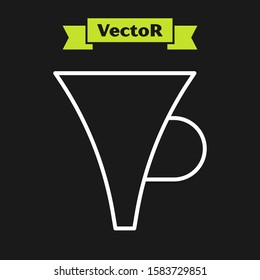 White line Funnel or filter icon isolated on black background.  Vector Illustration