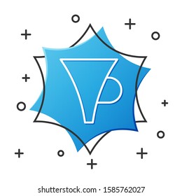 White line Funnel or filter icon isolated on white background. Blue hexagon button. Vector Illustration