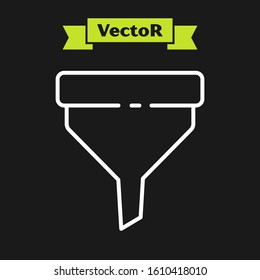 White line Funnel or filter icon isolated on black background.  Vector Illustration