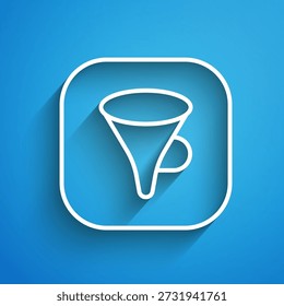 White line Funnel or filter icon isolated on blue background. Long shadow. Vector