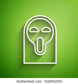 White line Funny and scary ghost mask for Halloween icon isolated on green background. Happy Halloween party.  Vector Illustration