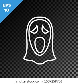 White line Funny and scary ghost mask for Halloween icon isolated on transparent dark background. Happy Halloween party.  Vector Illustration