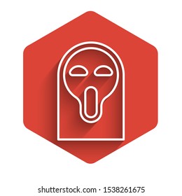White line Funny and scary ghost mask for Halloween icon isolated with long shadow. Happy Halloween party. Red hexagon button. Vector Illustration