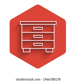 White line Furniture nightstand icon isolated with long shadow. Red hexagon button. Vector