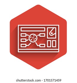 Línea blanca Icono de interfaz de hud futurista aislado con una larga sombra. Holograma ui infografía, globo interactivo y pantalla de fotos del cibercielo. Botón hexágono rojo. Ilustración vectorial