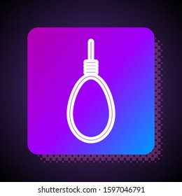 White line Gallows rope loop hanging icon isolated on black background. Rope tied into noose. Suicide, hanging or lynching. Square color button. Vector Illustration
