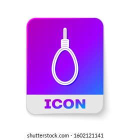 White line Gallows rope loop hanging icon isolated on white background. Rope tied into noose. Suicide, hanging or lynching. Rectangle color button. Vector Illustration