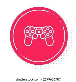 White line Game controller or joystick for game console icon isolated on white background. Red circle button. Vector