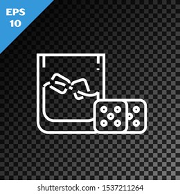 White line Game dice and glass of whiskey with ice cubes icon isolated on transparent dark background. Casino gambling.  Vector Illustration