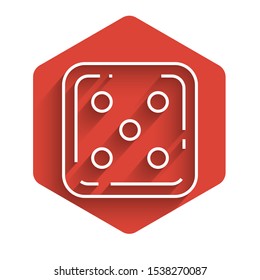 White line Game dice icon isolated with long shadow. Casino gambling. Red hexagon button. Vector Illustration