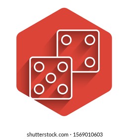 White line Game dice icon isolated with long shadow. Casino gambling. Red hexagon button. Vector Illustration