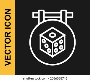 White line Game dice icon isolated on black background. Casino gambling.  Vector
