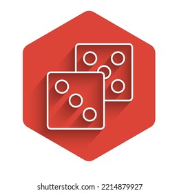 White line Game dice icon isolated with long shadow. Casino gambling. Red hexagon button. Vector