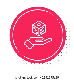 White line Game dice icon isolated on white background. Casino gambling. Red circle button. Vector