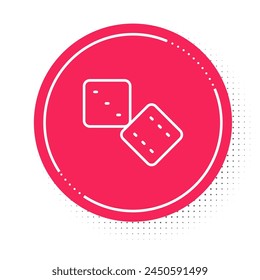 White line Game dice icon isolated on white background. Casino gambling. Red circle button. Vector