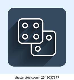 White line Game dice icon isolated with long shadow background. Casino gambling. Blue square button. Vector