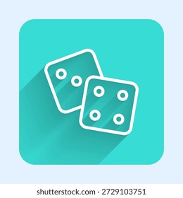 Linha branca Ícone de dados do jogo isolado com sombra longa. Jogo de casino. Botão quadrado verde. Vetor