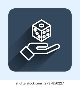 White line Game dice icon isolated with long shadow background. Casino gambling. Blue square button. Vector