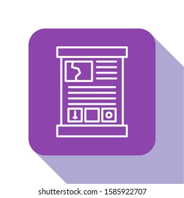 White line Game guide icon isolated on white background. User manual, instruction, guidebook, handbook. Purple square button. Vector Illustration