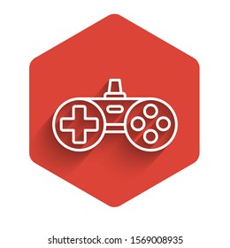 White line Gamepad icon isolated with long shadow. Game controller. Red hexagon button. Vector Illustration