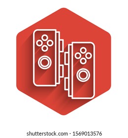 White line Gamepad icon isolated with long shadow. Game controller. Red hexagon button. Vector Illustration