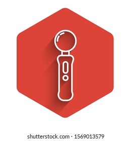 White line Gamepad icon isolated with long shadow. Game controller. Red hexagon button. Vector Illustration