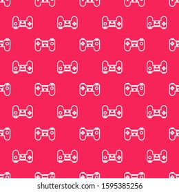 White line Gamepad icon isolated seamless pattern on red background. Game controller.  Vector Illustration
