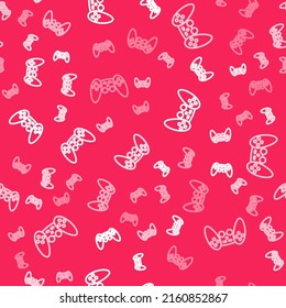 White line Gamepad icon isolated seamless pattern on red background. Game controller.  Vector