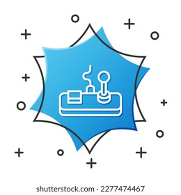White line Gamepad icon isolated on white background. Game controller. Blue hexagon button. Vector