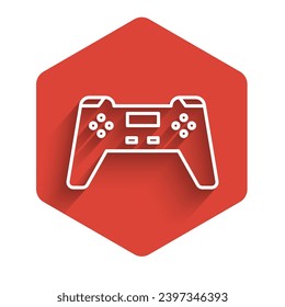 White line Gamepad icon isolated with long shadow. Game controller. Red hexagon button. Vector Illustration