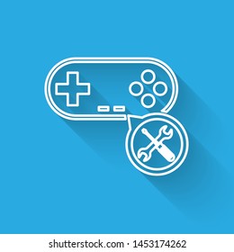 White line Gamepad with screwdriver and wrench icon isolated with long shadow. Adjusting, service, setting, maintenance, repair, fixing.  Vector Illustration