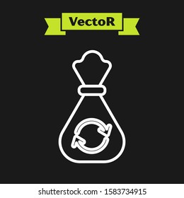 White line Garbage bag with recycle symbol icon isolated on black background. Trash can icon. Recycle basket sign.  Vector Illustration