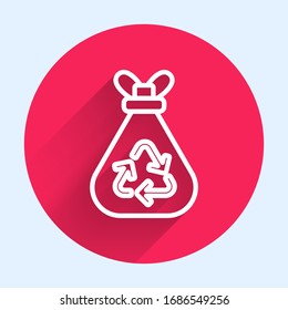 White line Garbage bag with recycle symbol icon isolated with long shadow. Trash can icon. Recycle basket sign. Red circle button. Vector Illustration