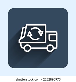 White line Garbage truck icon isolated with long shadow background. Blue square button. Vector
