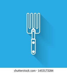 White line Garden fork icon isolated with long shadow. Pitchfork icon. Tool for horticulture, agriculture, farming.  Vector Illustration