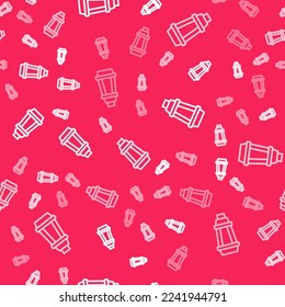 White line Garden light lamp icon isolated seamless pattern on red background. Solar powered lamp. Lantern. Street lamp.  Vector