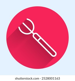 White line Garden pitchfork icon isolated with long shadow. Garden fork sign. Tool for horticulture, agriculture, farming. Red circle button. Vector